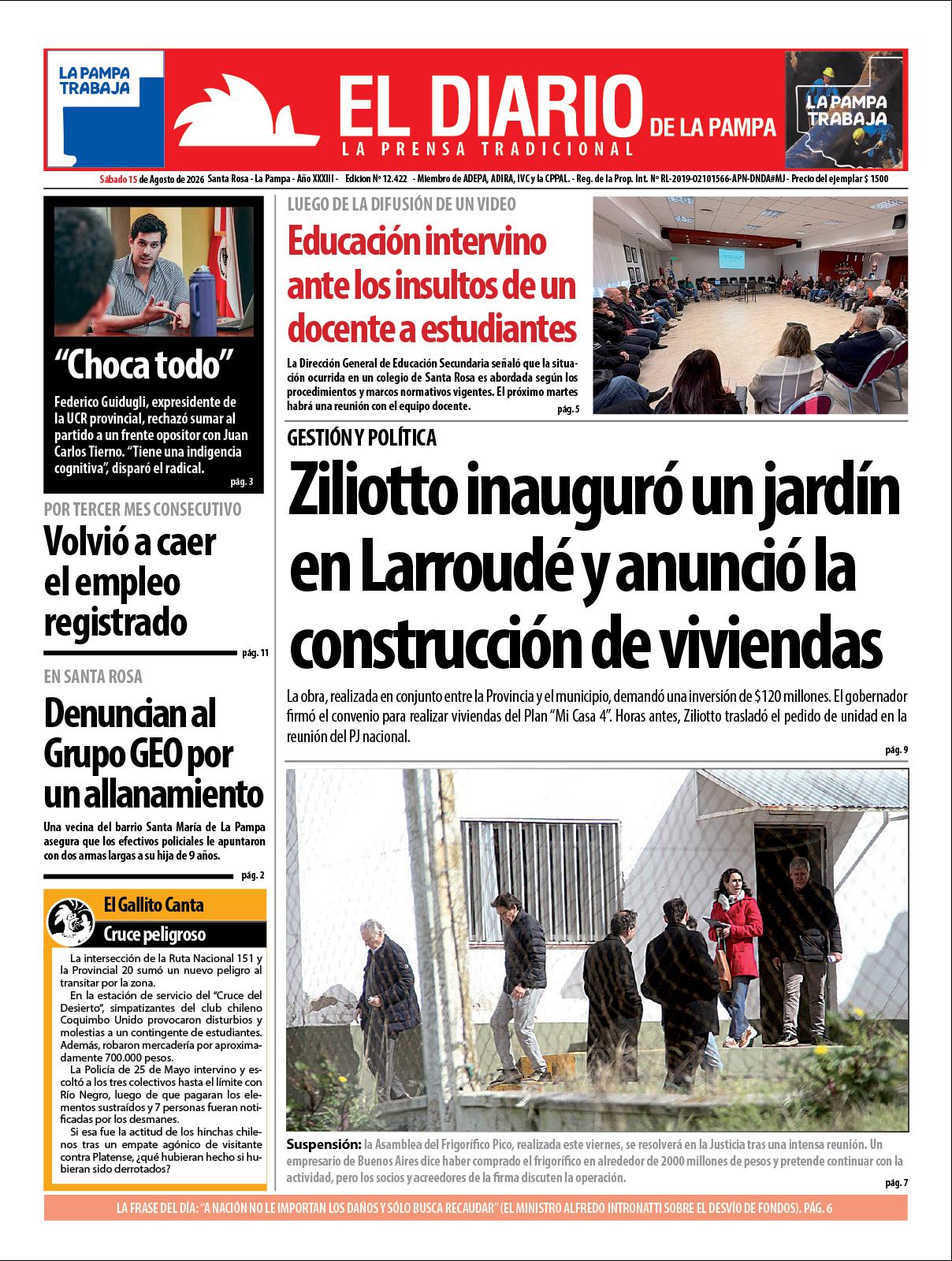 Tapa de El Diario en papel  saacutebado 15 de agosto de 2026